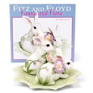 Fitz and Floyd Fauna Flora Rabbit Ceramic Salt & Pepper Shakers Tray New W Box